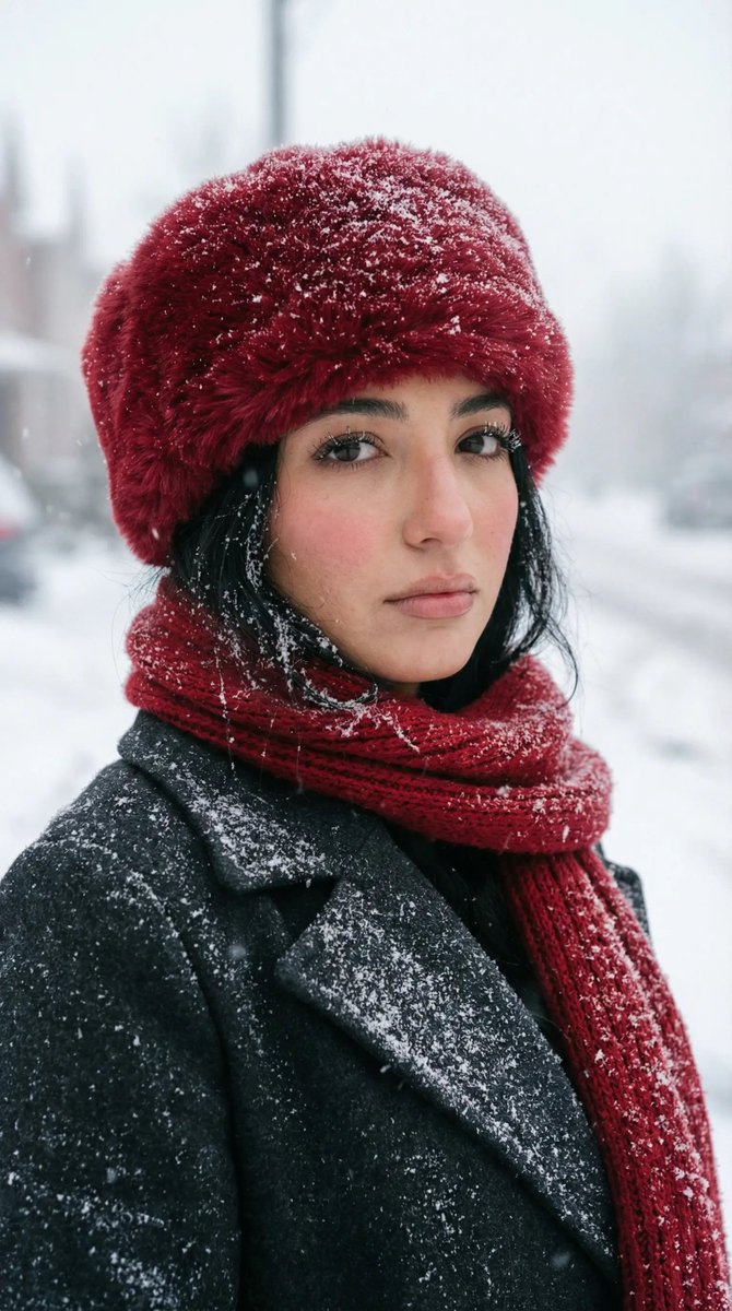 AI Prompt for Photorealistic Winter Portrait with Red Accents for Credit Gaining Visual Content