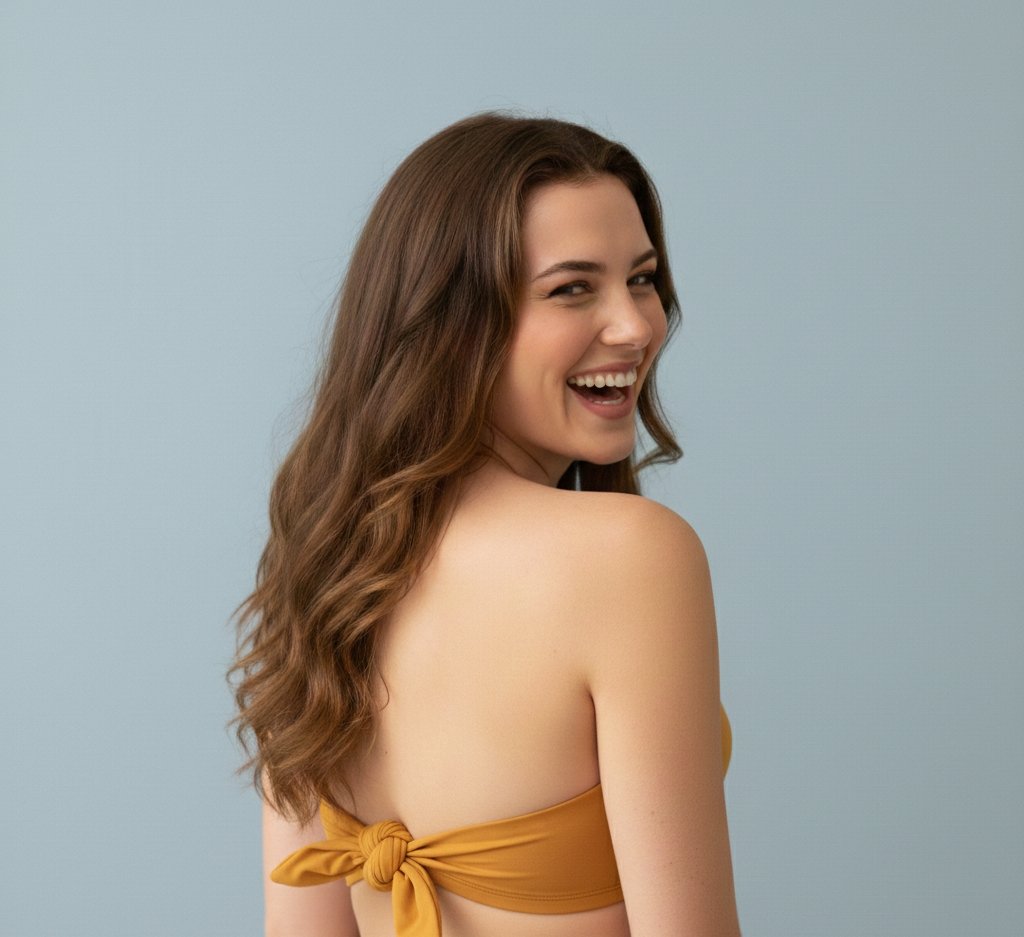 AI Prompt for Playful Beach Portrait with Overhead View and Halter-Neck Bikini