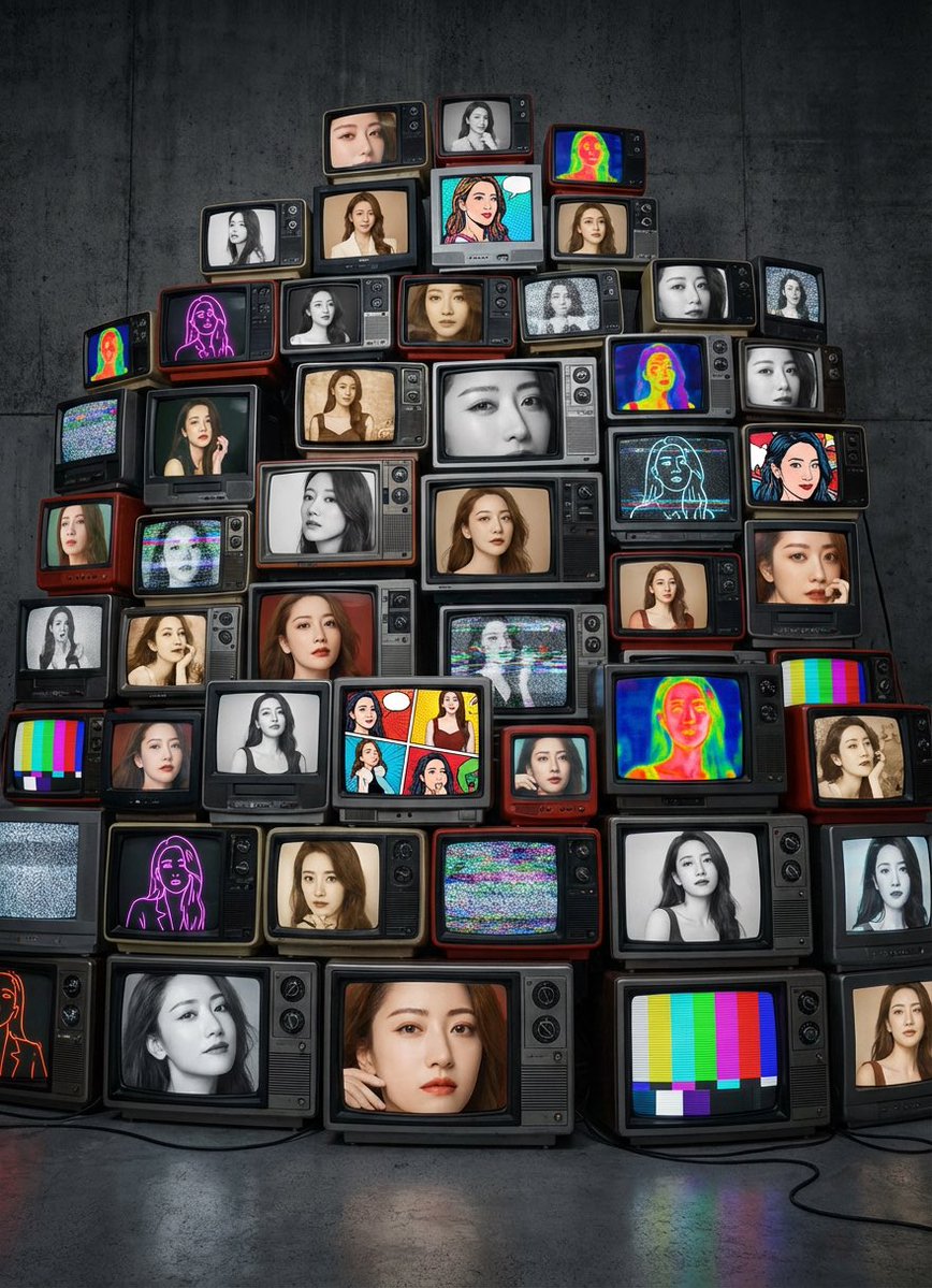AI Prompt for Portrait Collage on Vintage TV Wall