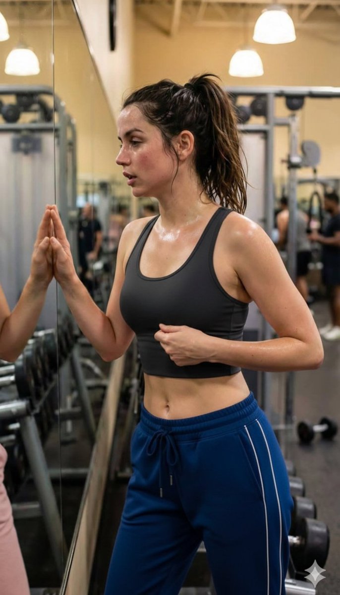 AI Prompt for Post-Workout Gym Portraits (Young Female, Sports Bra and Blue Shorts)