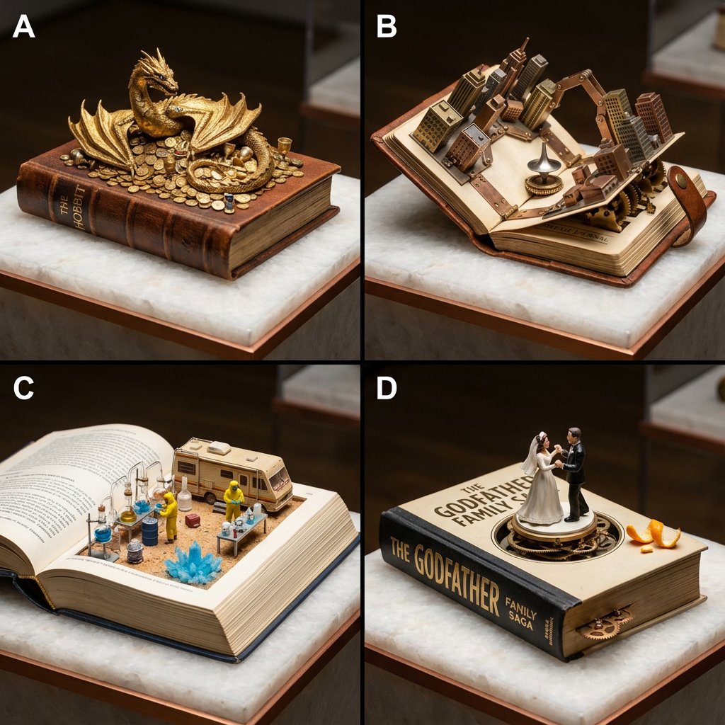 AI Prompt for Product Marketing: 2x2 Grid of Book-Themed Diorama Miniatures