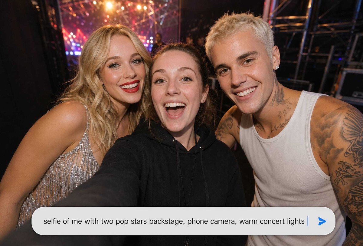 AI Prompt for Realistic Backstage Pop Star Selfie with Text Overlay
