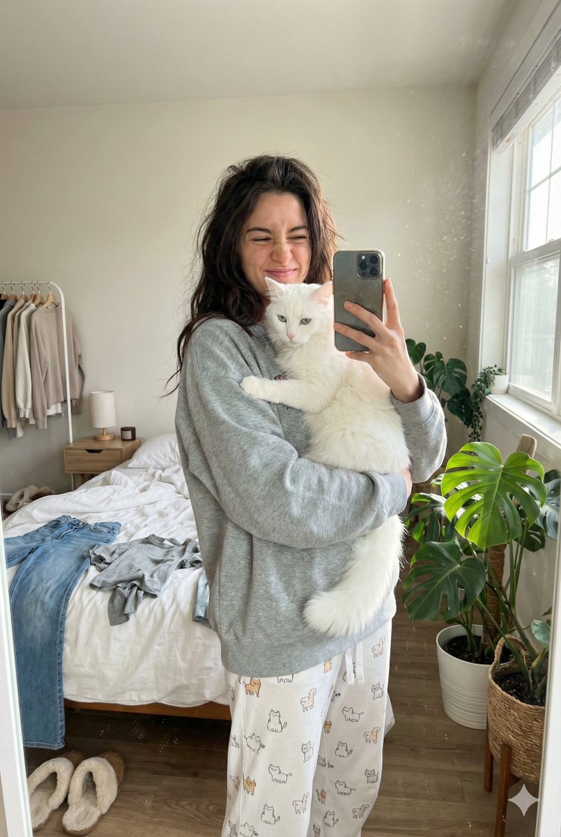 AI Prompt for Realistic, Candid Selfie of a Woman with a Fluffy Cat in a Cozy Bedroom