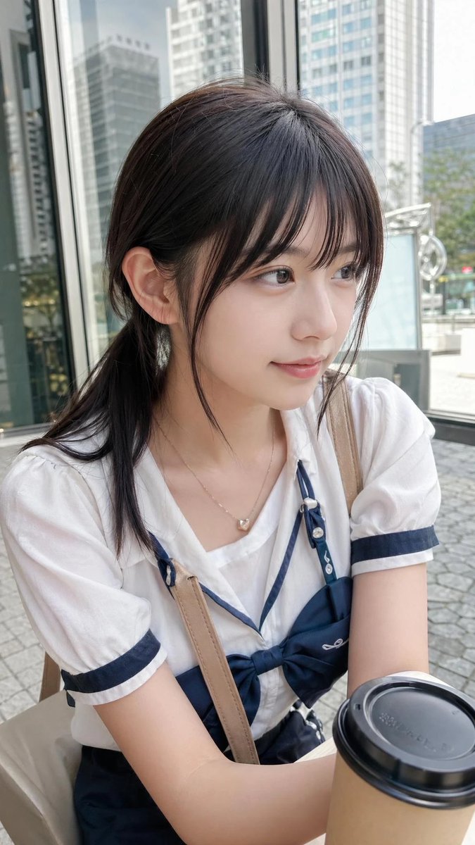 AI Prompt for Realistic Casual Portrait of Young Woman in Sailor Style at Outdoor Cafe