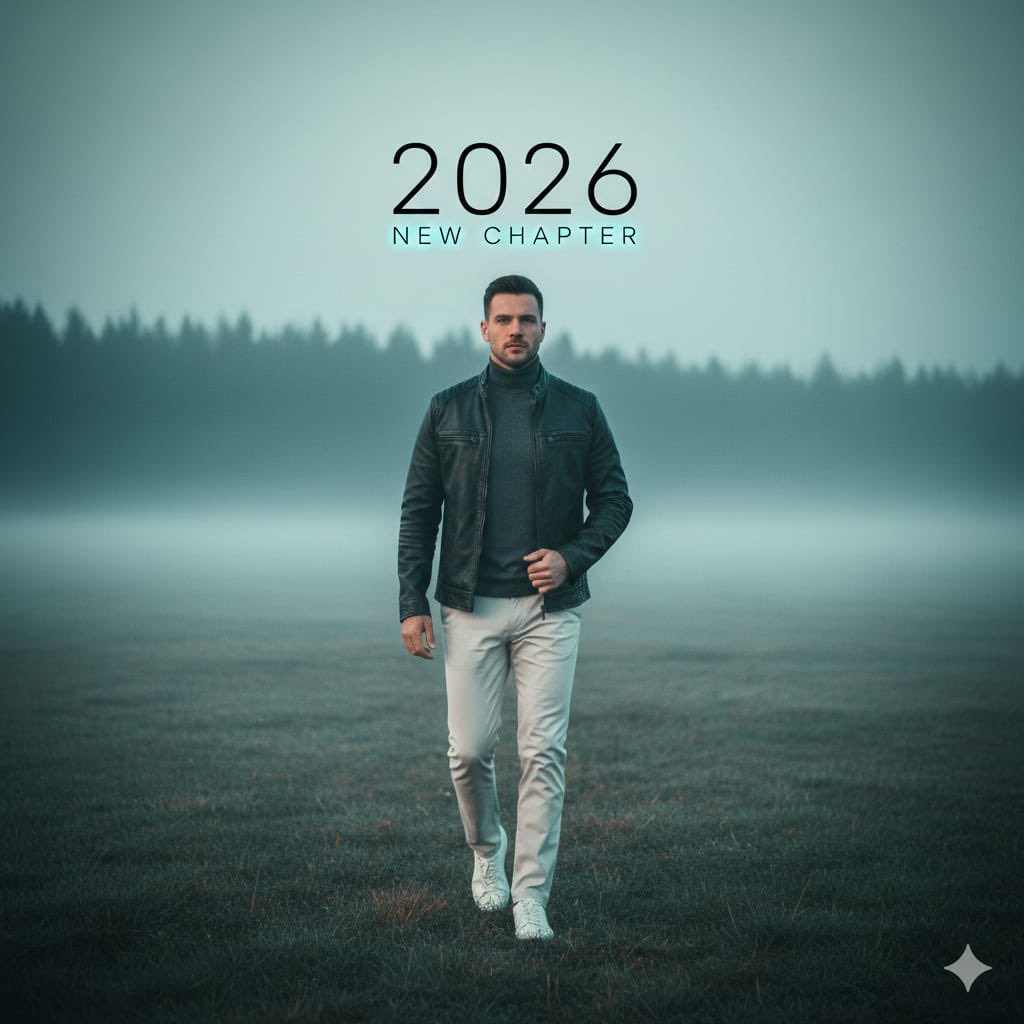 AI Prompt for Realistic Cinematic Portrait of a Man Walking in Foggy Meadow with Typography