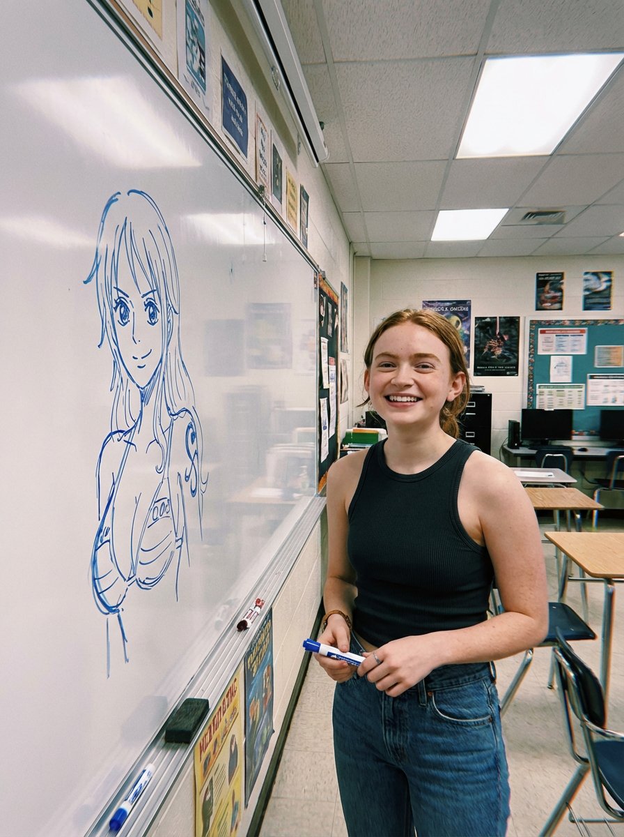 AI Prompt for Realistic Classroom Photo with Anime Sketch on Whiteboard