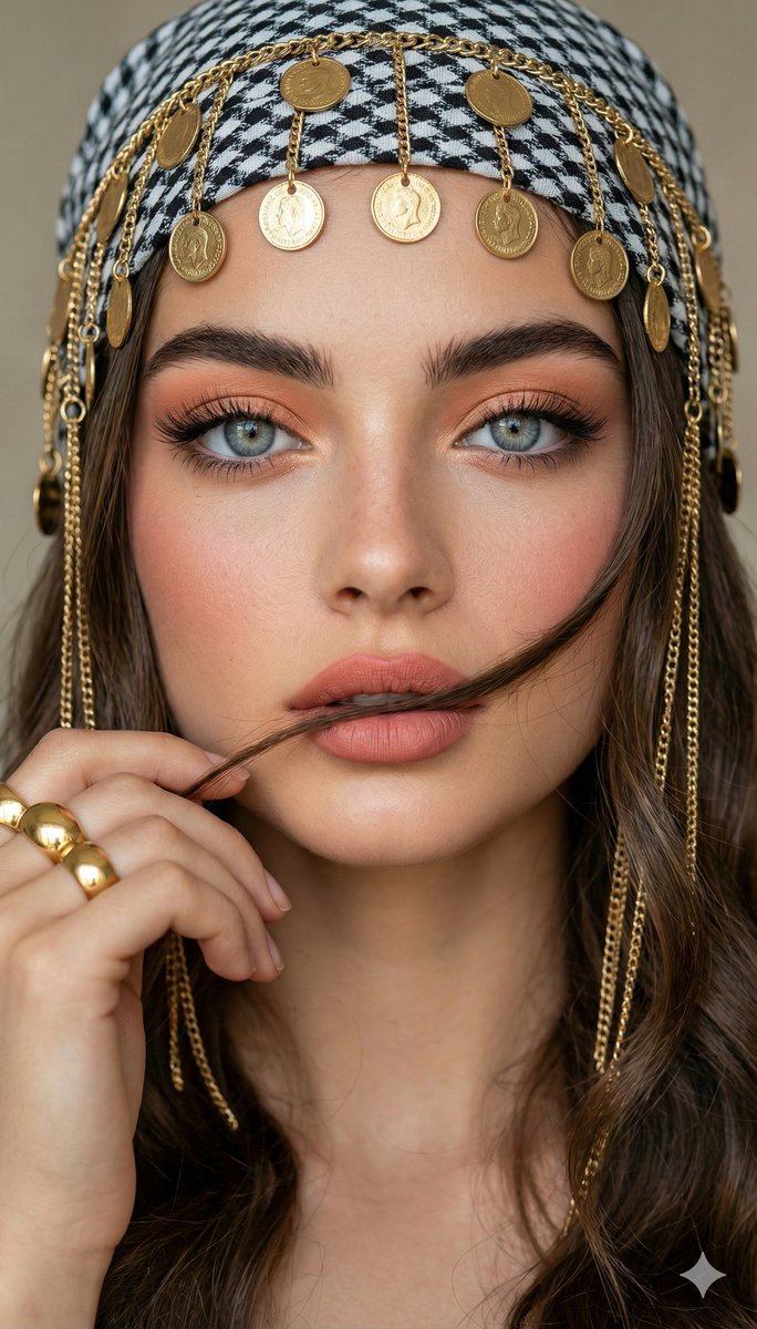 AI Prompt for Realistic Close-up Portrait with Headscarf and Jewelry