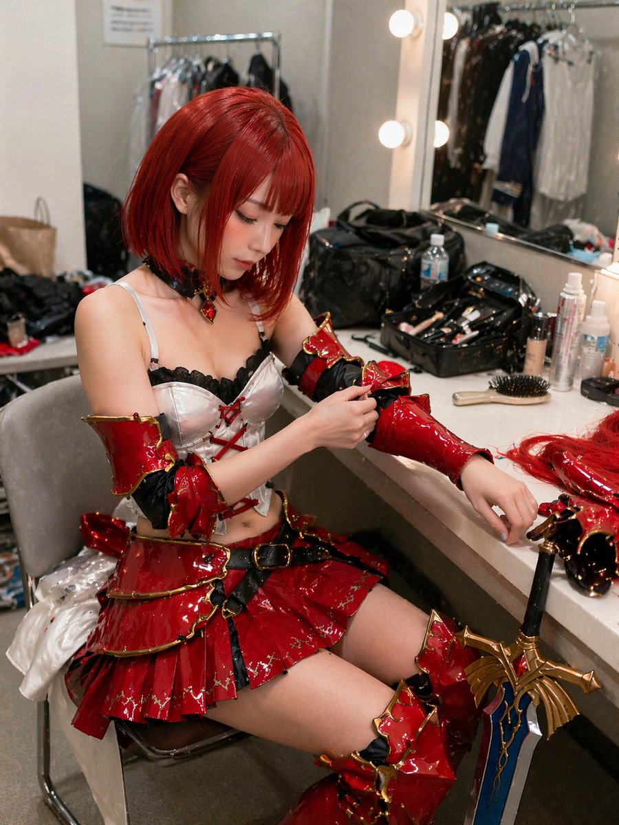 AI Prompt for Realistic Cosplay Portrait in Cluttered Dressing Room