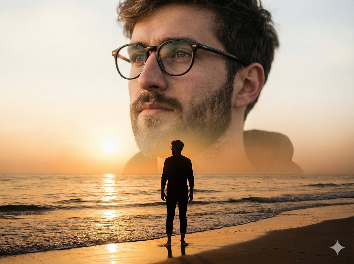 AI Prompt for Realistic Double-Exposure Portrait with Sunset Beach Background
