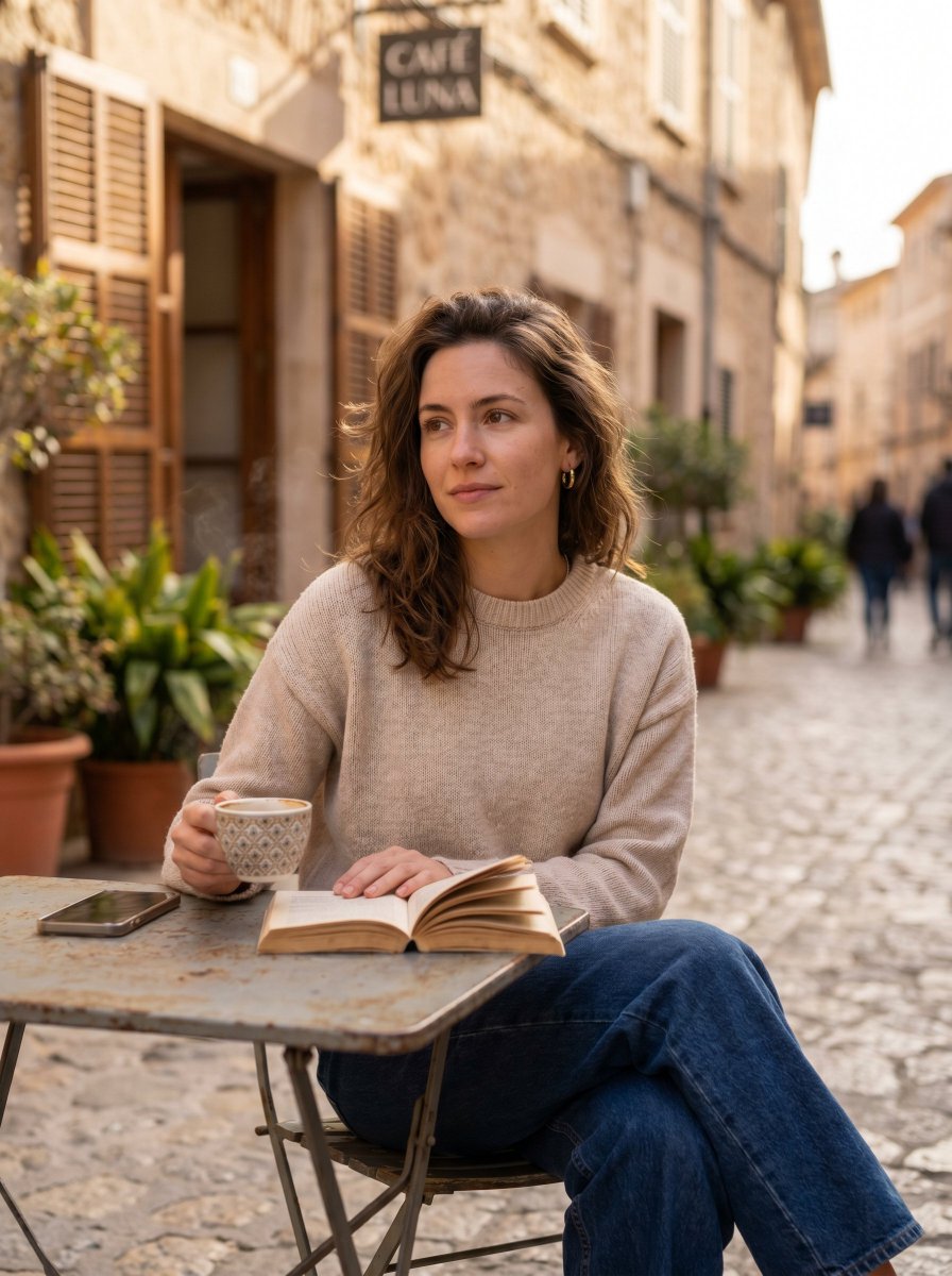 AI Prompt for Realistic European Café Scene with Woman Reading