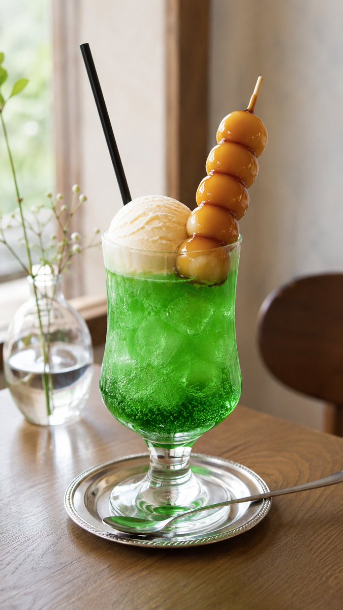 AI Prompt for Realistic Food Photography - Melon Cream Soda with Mitraashi Dango