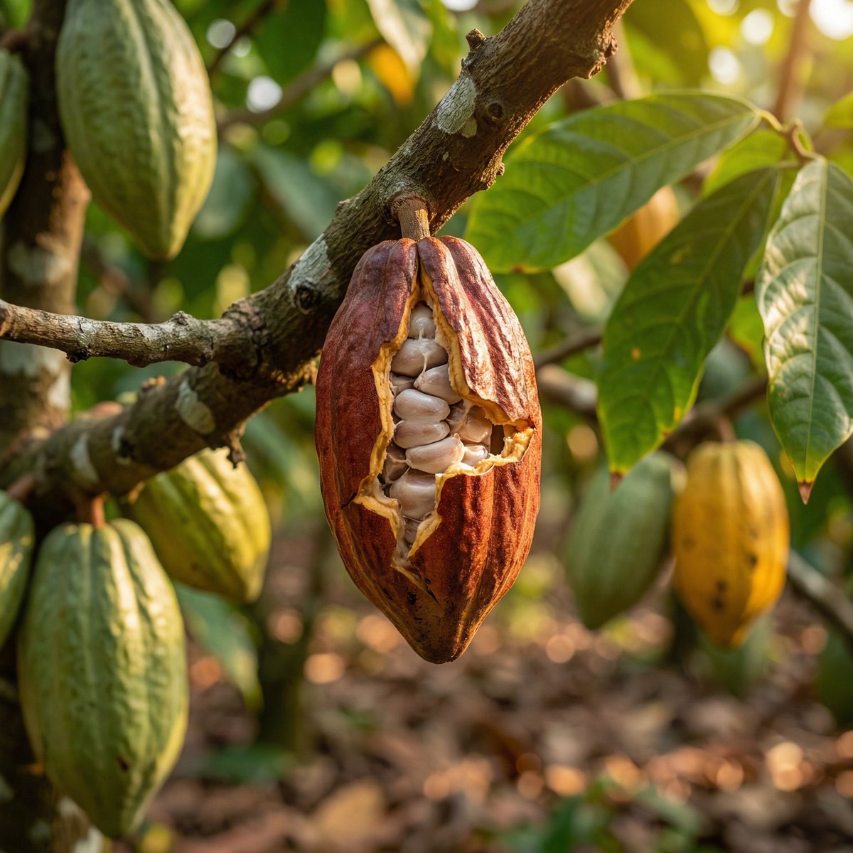 AI Prompt for Realistic Food Product Photography - Cocoa Plantation Commercial Image