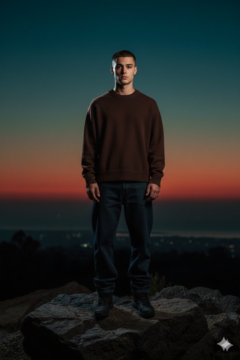 AI Prompt for Realistic Full-Body Portrait with Flash at Blue Hour Sunset