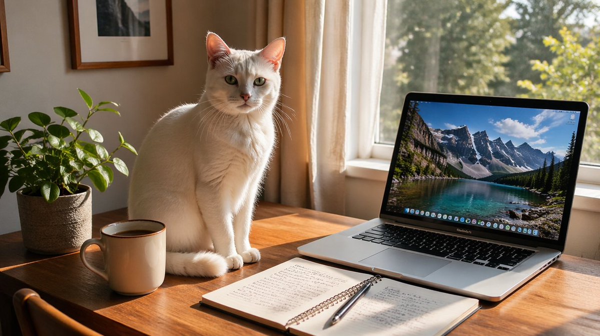 AI Prompt for Realistic Home Office Environment with Cat