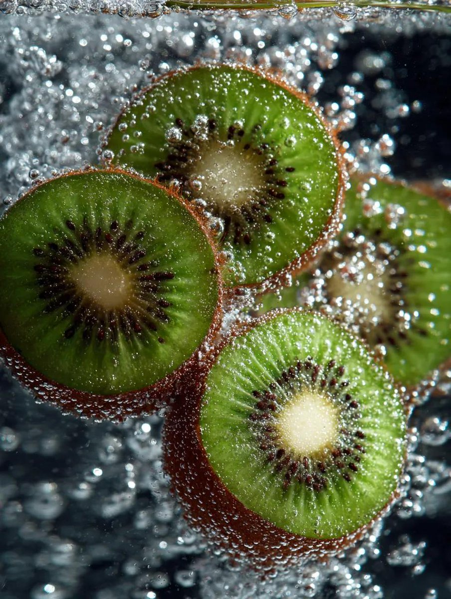 AI Prompt for Realistic Kiwi in Sparkling Water Macro Photography