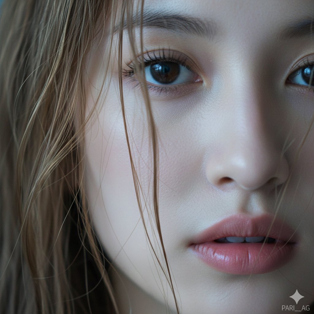 AI Prompt for Realistic Macro Portrait with Wet Hair and Cinematic Blue Tones