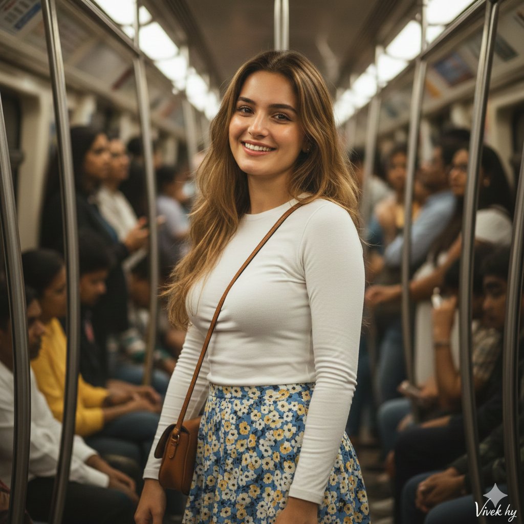 AI Prompt for Realistic Metro Station Portrait of Happy Girl