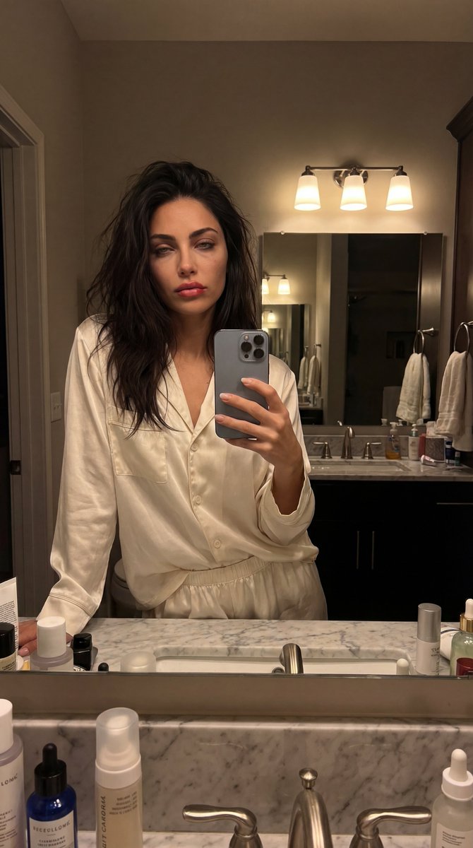 AI Prompt for Realistic Mirror Selfies with Silk Pajamas and Soft Lighting