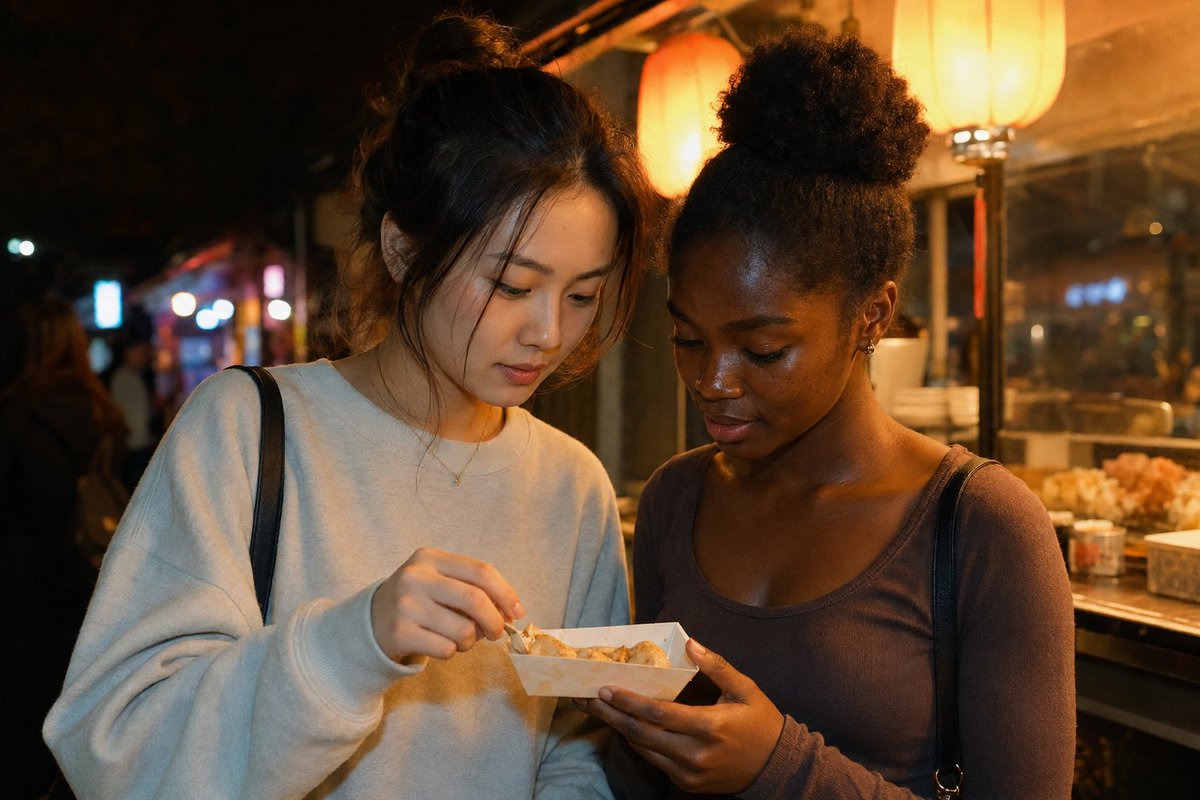 AI Prompt for Realistic Night Market Photos with Friends Sharing Food