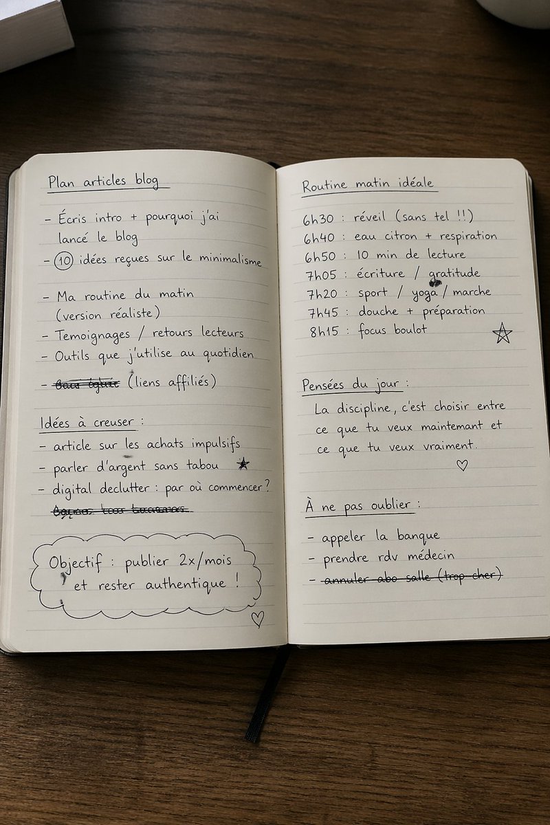 AI Prompt for Realistic Open Notebook with Handwritten French Planning Notes