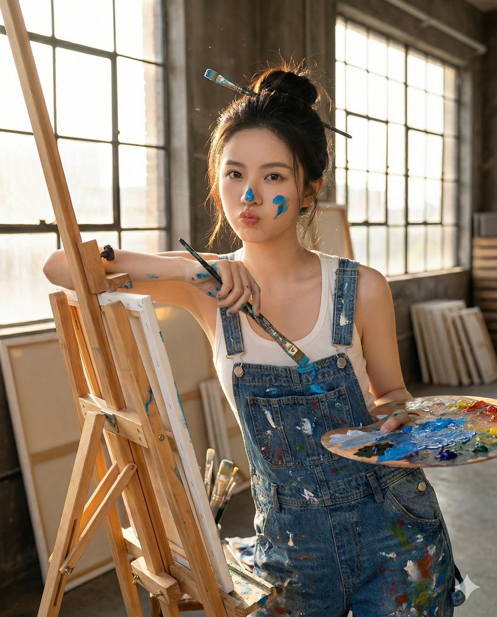 AI Prompt for Realistic Portrait Photography: Female Artist Pouting in Studio