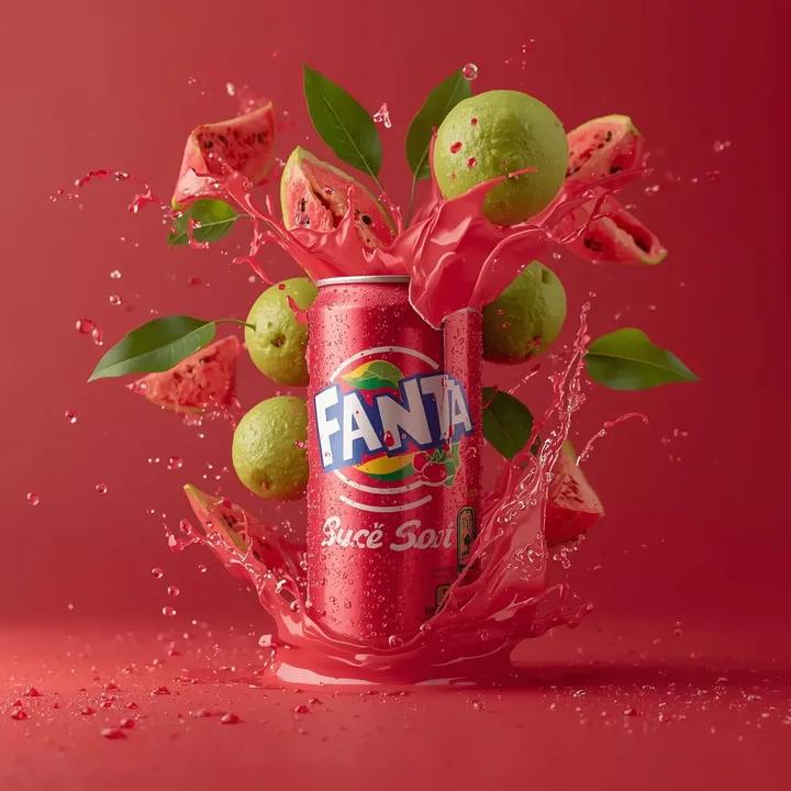 AI Prompt for Realistic Product Advertising Images: Exploding Fanta Guava Soda