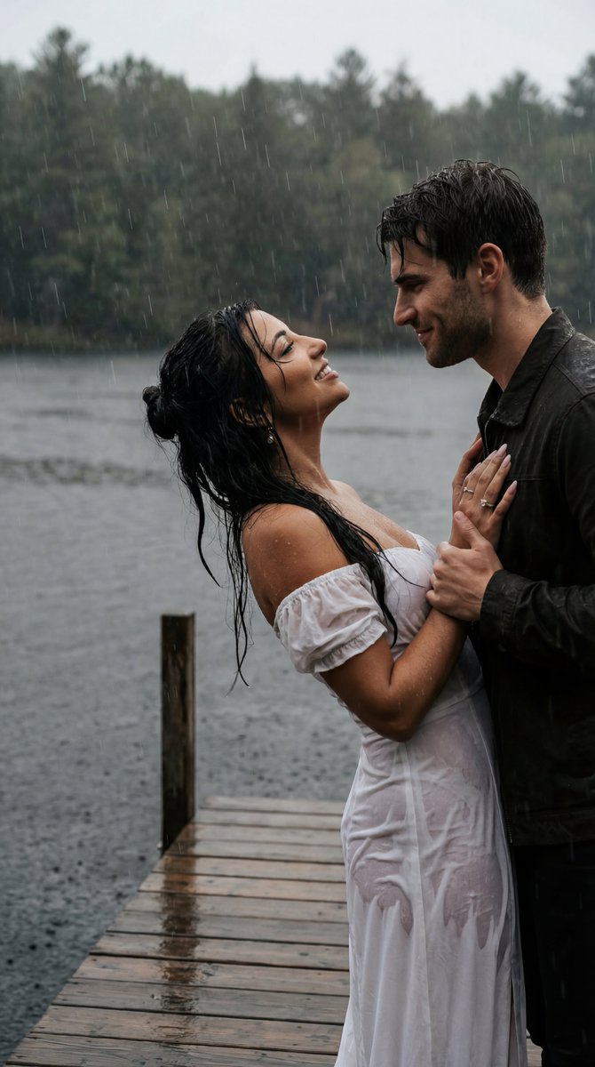 AI Prompt for Realistic Rainy Lake Scene with Couple