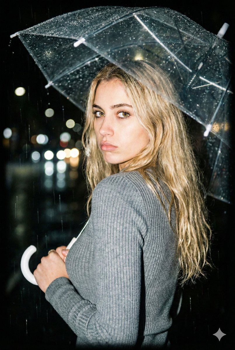 AI Prompt for Realistic Rainy Umbrella Portrait in Cityscape