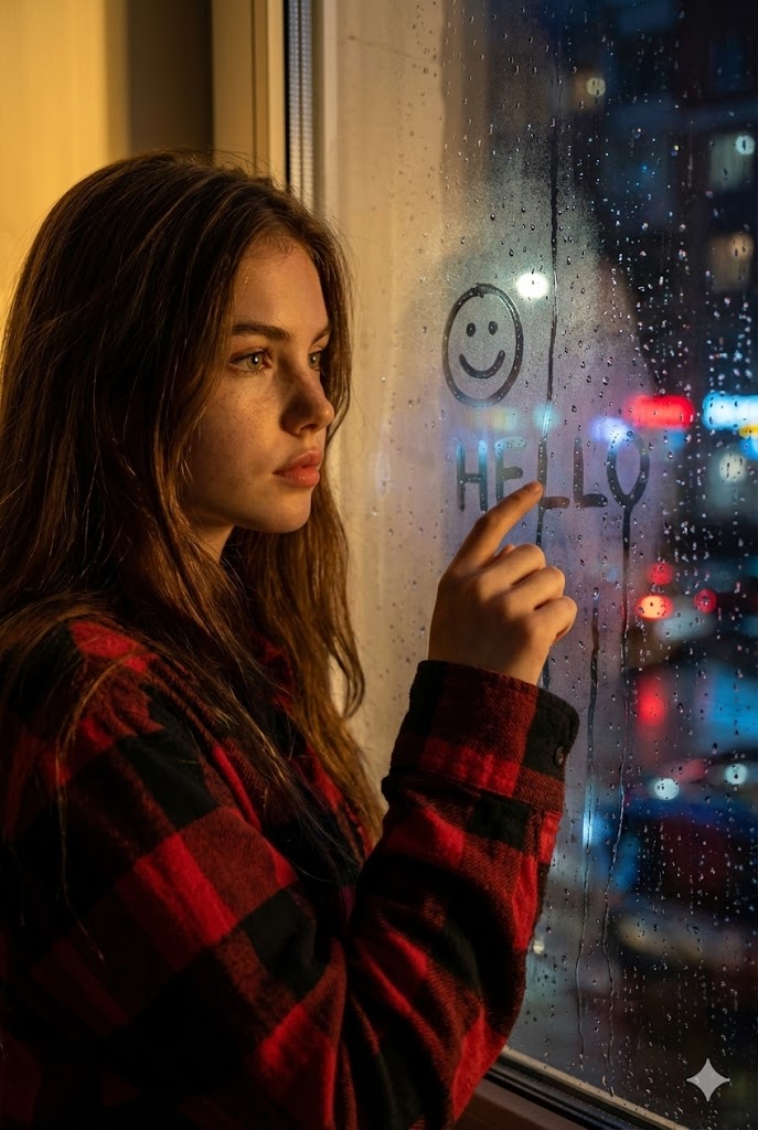 AI Prompt for Realistic Rainy Window Portrait with Doodles