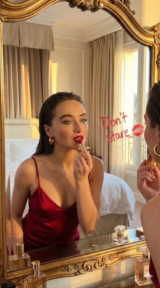 AI Prompt for Realistic Red Lipstick Selfie with Golden Hour Lighting