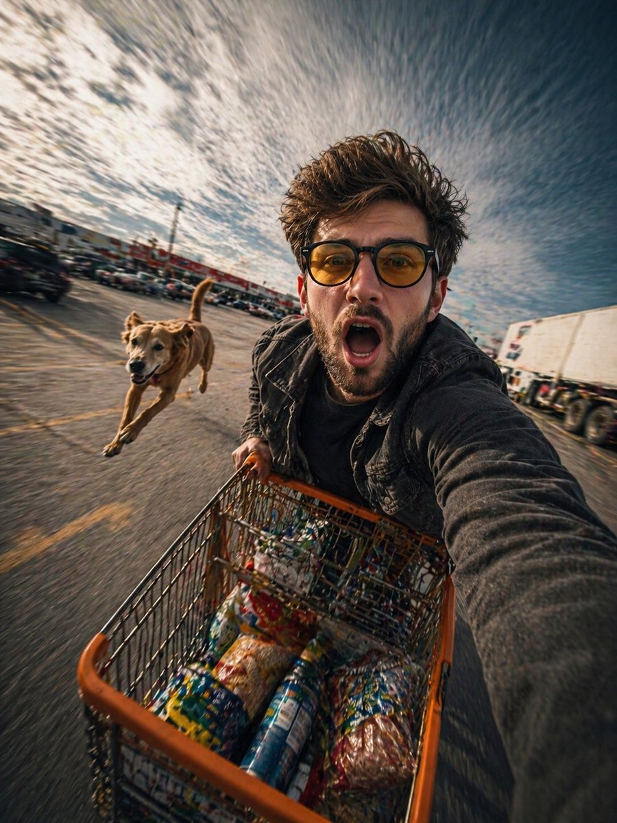 AI Prompt for Realistic Shopping Cart Selfie with High-Energy Motion