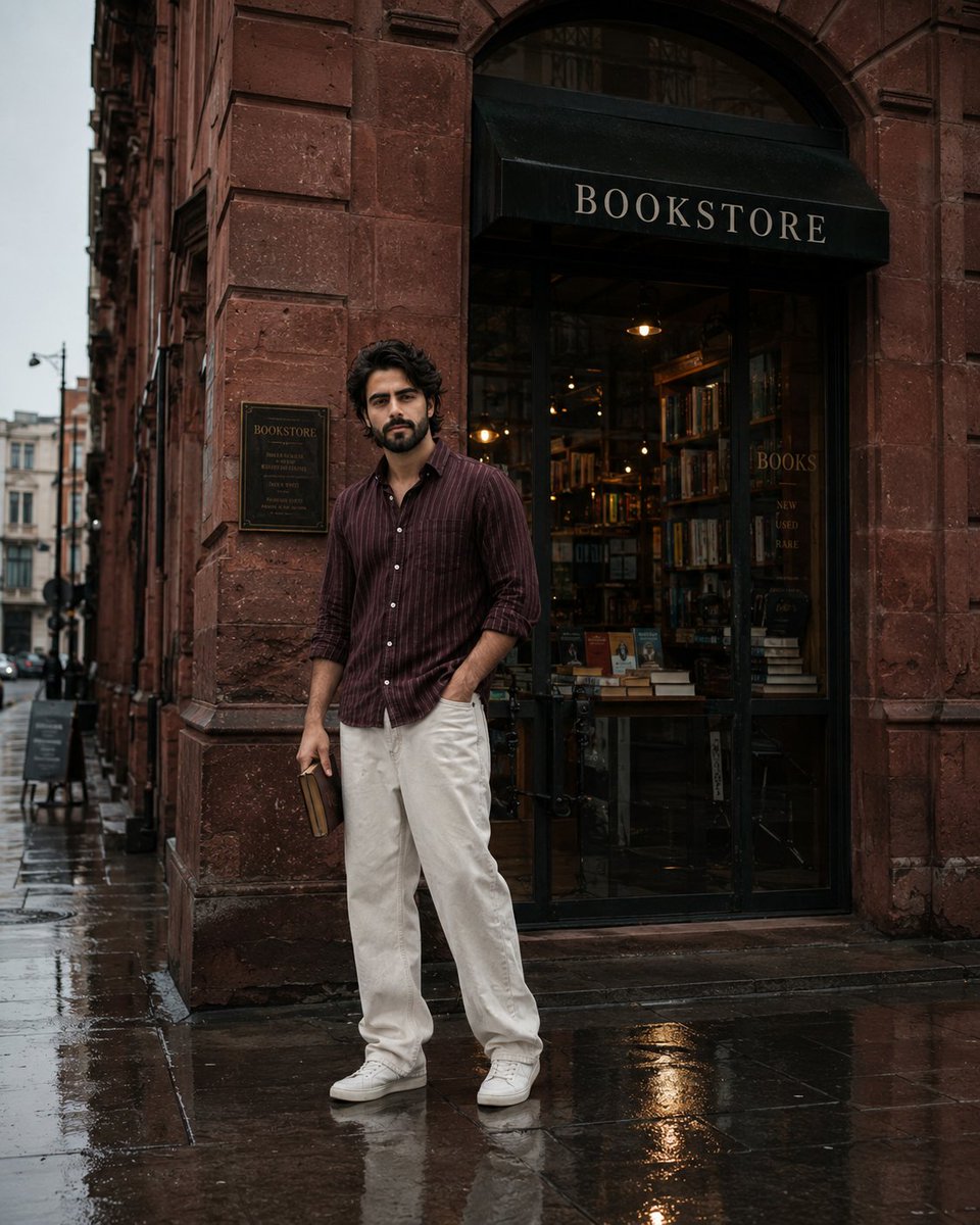 AI Prompt for Realistic Street Side Bookstore Portrait with Model and Cityscape