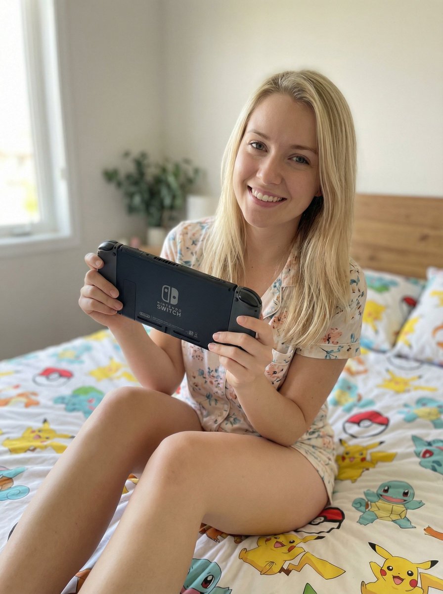 AI Prompt for Relaxing Lifestyle Photography: Woman with Nintendo Switch on Bed
