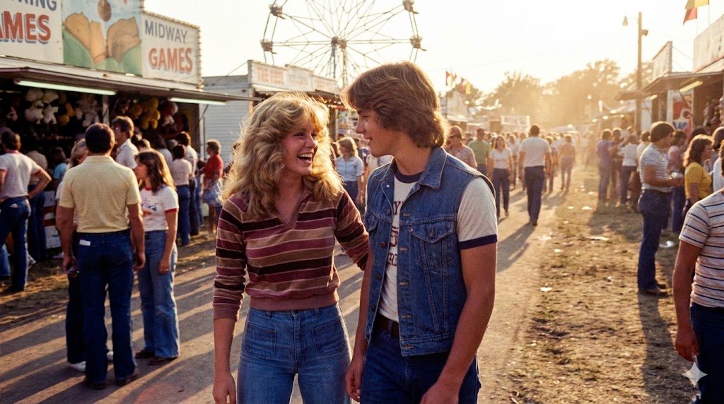 AI Prompt for Retro County Fair Photo: Vintage Couple with Feathered Hair