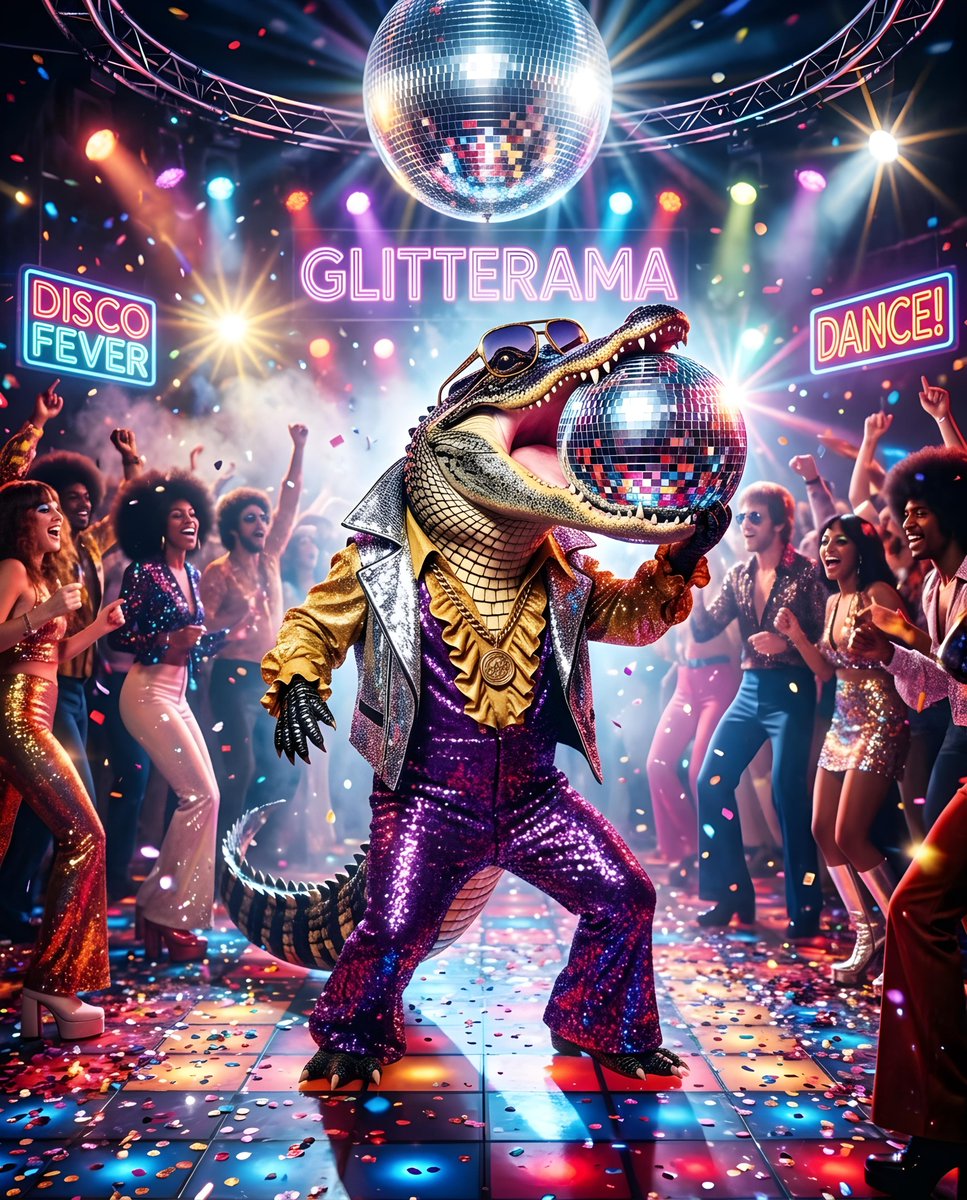 AI Prompt for Retro Disco Alligator Image with 1970s Glam Rock Style