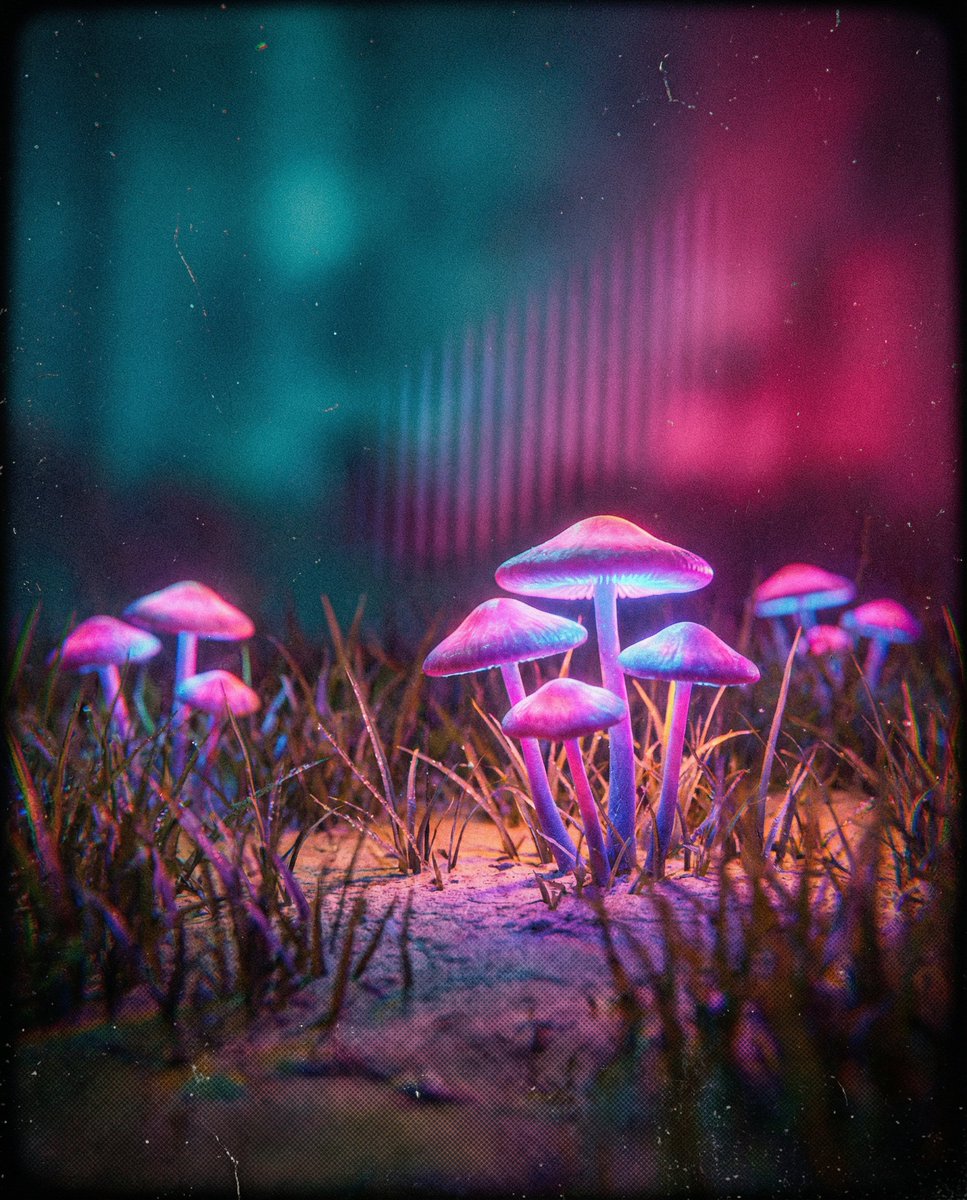 AI Prompt for Retro Futuristic Bioluminescent Mushroom Landscape Photography