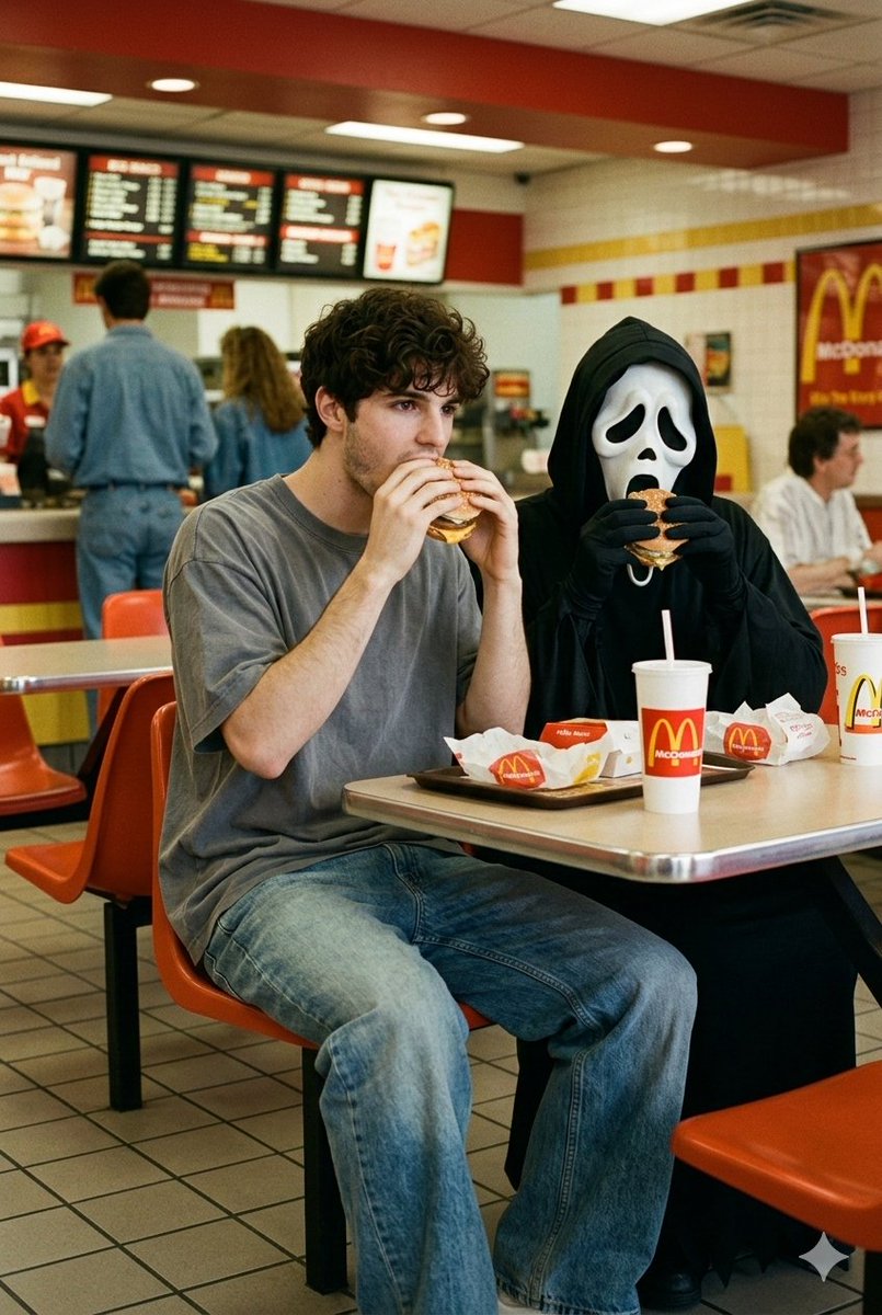 AI Prompt for Retro Horror Image with Ghostface and a 90s McDonald's Nostalgia