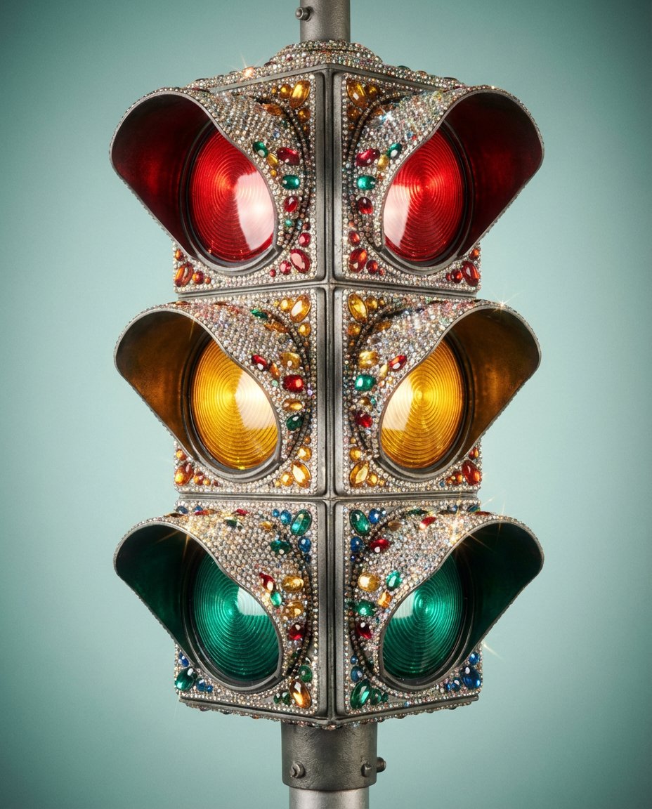 AI Prompt for Rhinestone and Jewel-Covered Traffic Light Image