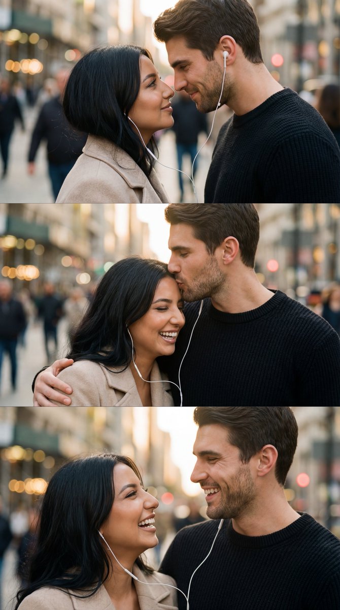 AI Prompt for Romantic Triptych Art with Shared Earphones