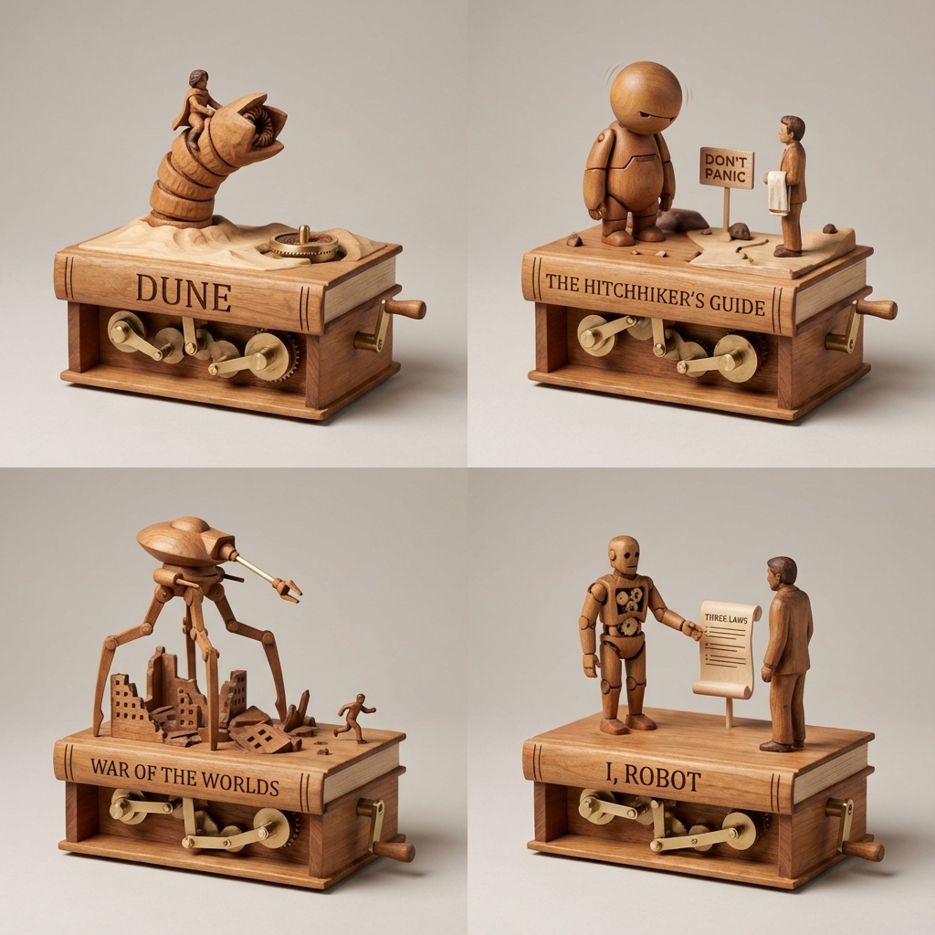 AI Prompt for Sci-Fi Book Automaton Macro Product Photography