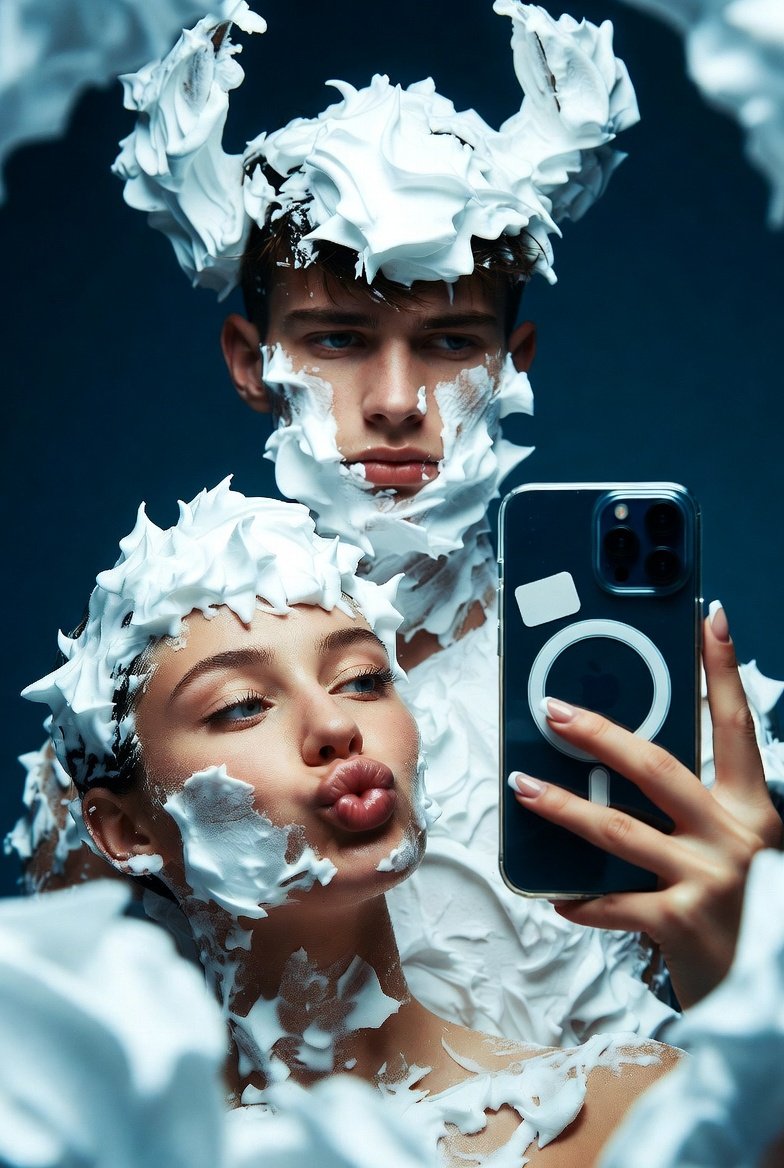 AI Prompt for Social Media Couple Shaving Cream Mirror Selfie