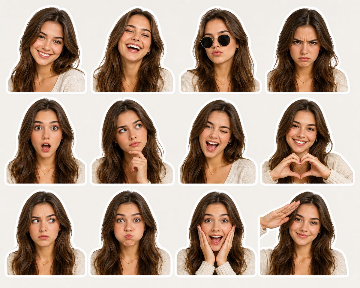 AI Prompt for Social Media Photography: 12 Emotion Expressions Sticker Pack