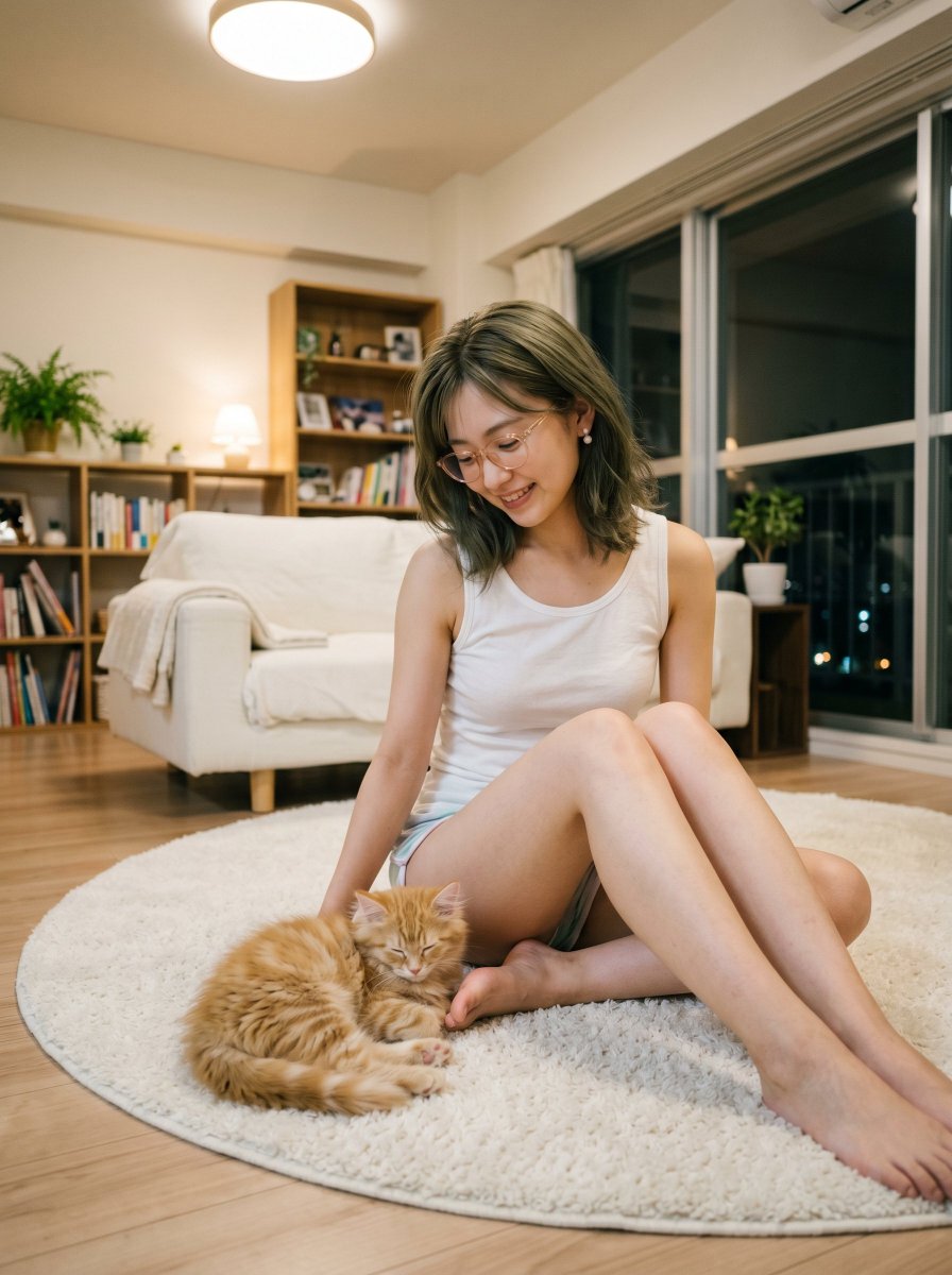 AI Prompt for Social Media Photography - Cozy Nighttime Apartment Scene with Woman and Kitten