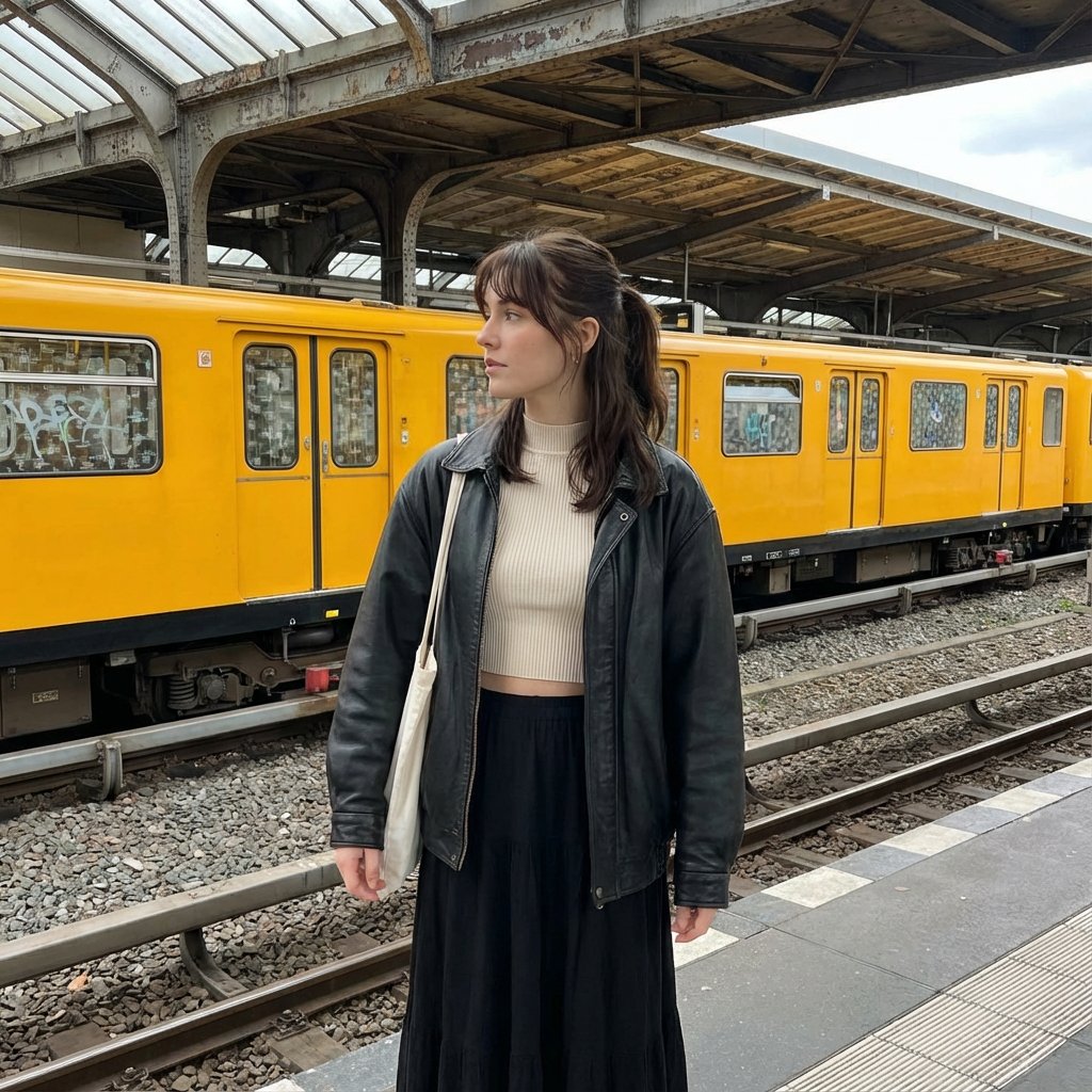 AI Prompt for Social Media Photography of Young Woman on Train Platform