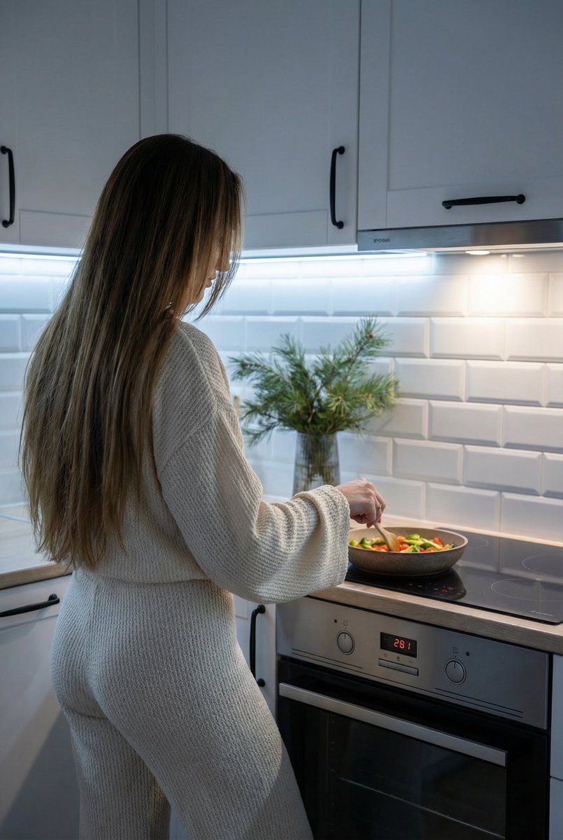 AI Prompt for Social Media Post Photography: Modern Kitchen Woman Portrait