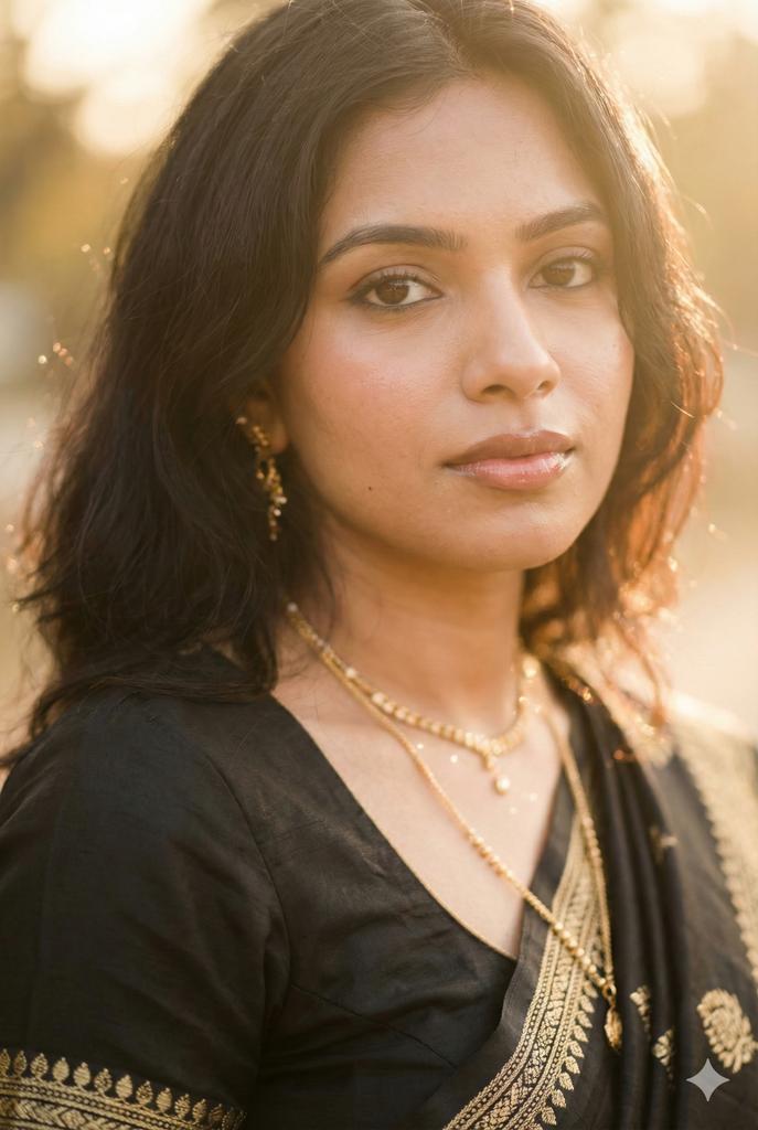 AI Prompt for Soft Glam Indian Woman Portrait in Saree and Golden Hour Lighting