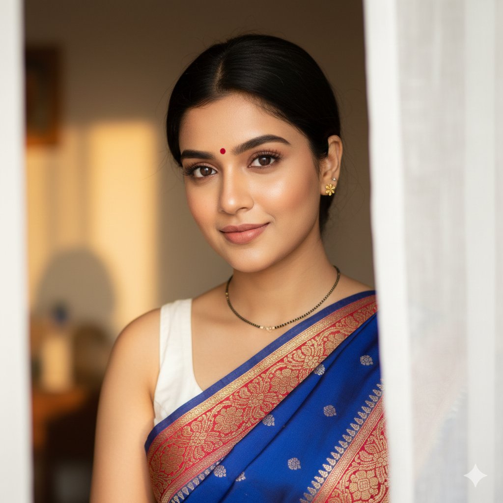 AI Prompt for South Asian Woman Portrait with Saree and Sheer Curtains