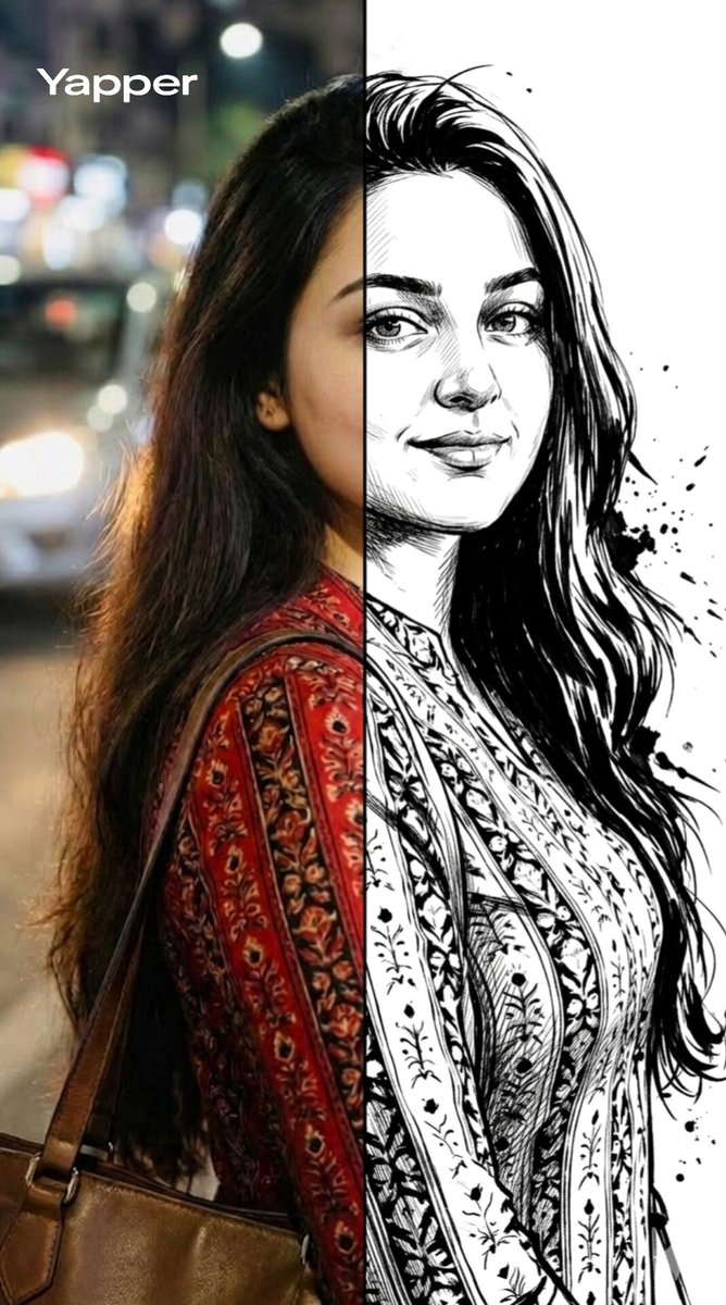 AI Prompt for Split-Style Portrait Transformation: Realistic Photo + Black-and-White Illustration