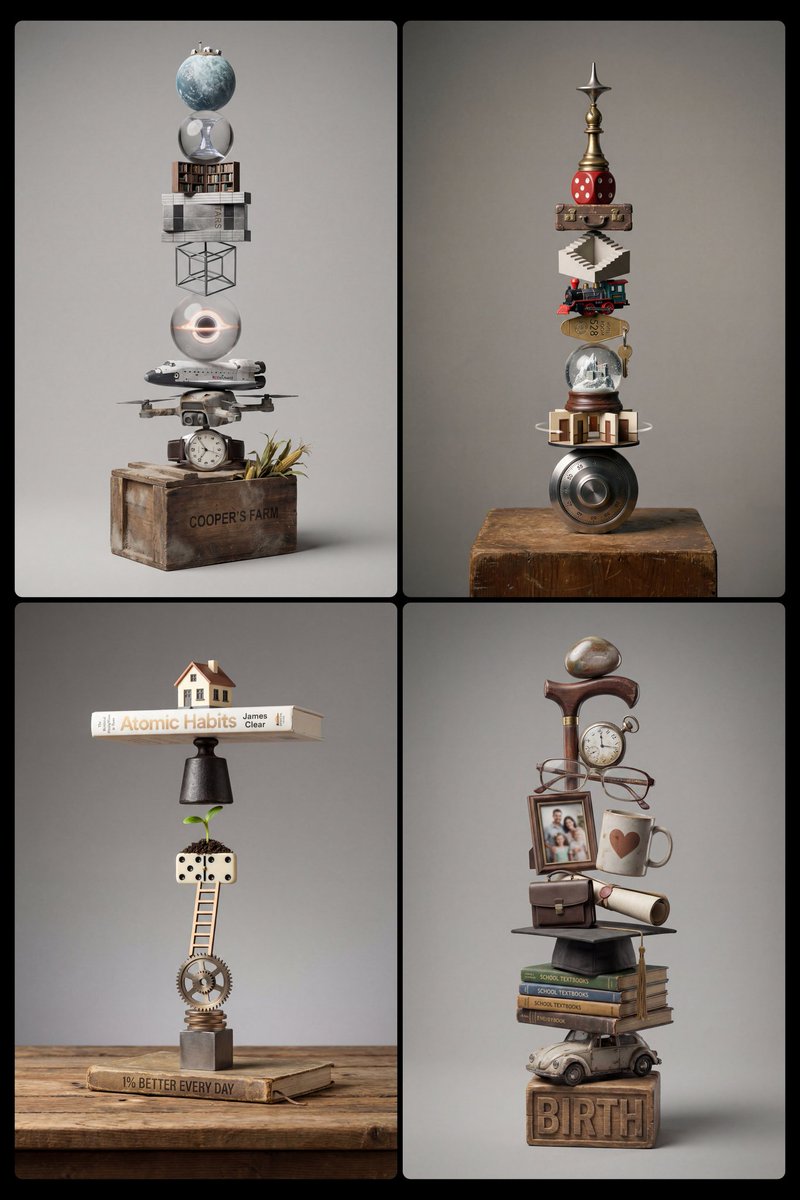 AI Prompt for Stacked Object Photography with Conceptual Meaning