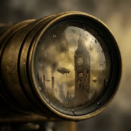 AI Prompt for Steampunk Camera Lens Reflection Photography